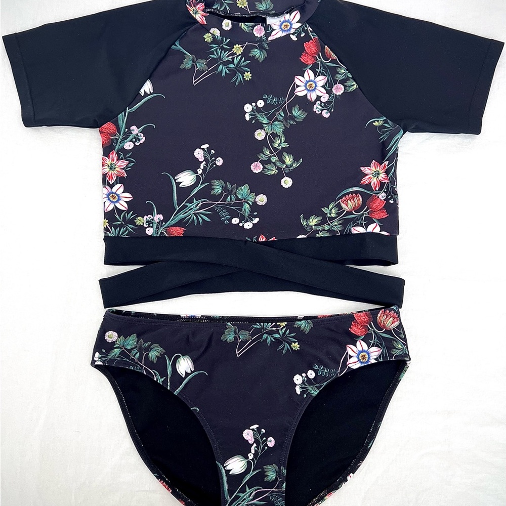 Zella Kids Floral Rashguard Set - Black and Multicolor